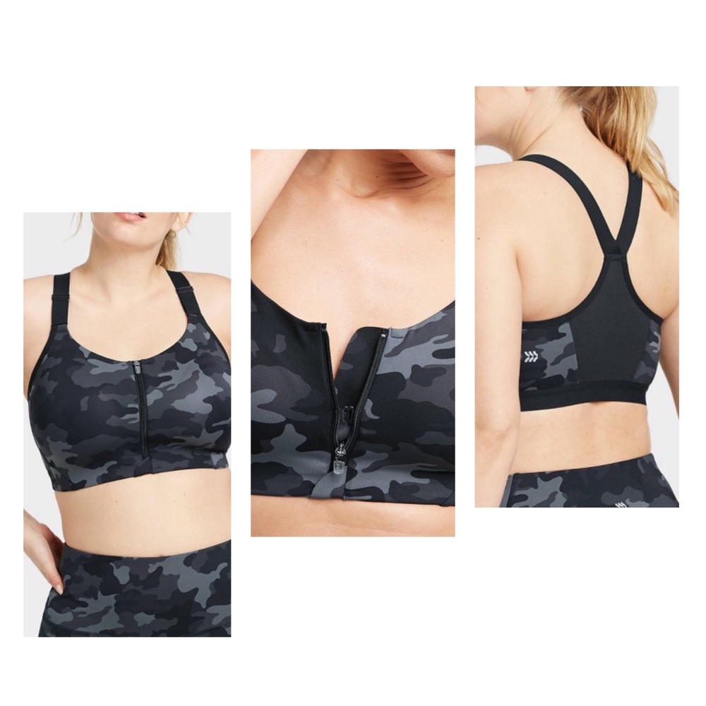 all in motion black/gray camo print sports bra